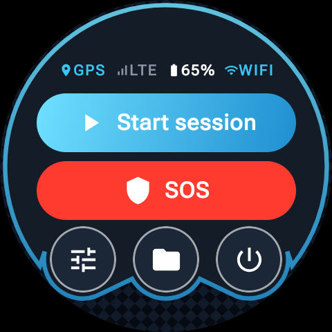 WaterGuard watch home screen with Start session and SOS