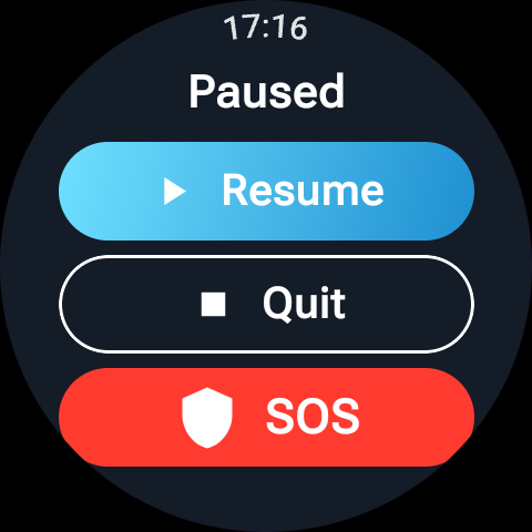 WaterGuard watch paused session screen with Resume, Quit and SOS